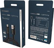REXANT (18-7058) USB-A ? Lightning для Apple, 2,4А, 1м, в черной нейлоновой оплетке, со световой индикацией Кабель