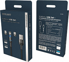 REXANT (18-7076) USB 3в1 со съемными магнитными портами, Type-С (2A), Lightning (2,4A), Micro USB (2A), 1,2м, в черной оплетке, с LED подсветкой Кабел