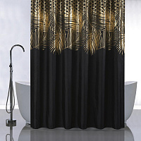 САНАКС 01-107 Штора с рисунком, золотые перья на черном, в ванную комнату, без колец - полиэстэр, 180 х 180 см Штора для ванной