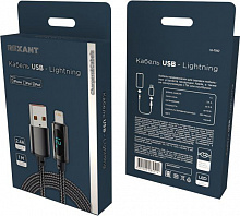 REXANT (18-7062) USB-A ? Lightning для Apple, 2,4А, 1м, в черной нейлоновой оплетке, c LED дисплеем Кабель