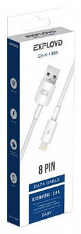 EXPLOYD EX-K-1386 Дата-кабель USB - 8 Pin 2.4A 0.25M круглый силикон белый Дата-кабель 8 Pin