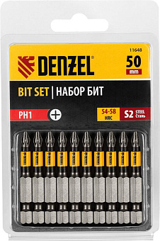 DENZEL Набор бит PH1х50, сталь S2, круглый профиль, 10 шт. 11648 Набор бит