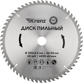 KRANZ (KR-92-0135) Диск пильный 305 мм х 60 зуб х 32/30 мм Диск пильный