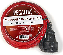 РЕСАНТА СУ-2х1-10/0 (IP44) (61/118/1) 2x1.0кв.мм 1розет. 10м ПВС без катушки красный Удлинитель силовой