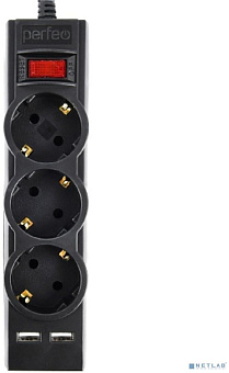 PERFEO (PF_E1641) "POWER-S", 3,0м, 3 розетки 10А, 2USB, 2500 Вт, двойная защита, черный Сетевой фильтр