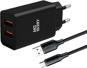AKSBERRY (6900209230014) T38 2 USB 2.4A + кабель Type C, черный СЗУ