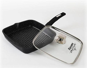 МЕЧТА С66802 Гранит black несъемная ручка стеклянная крышка Сковорода