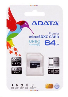 A-DATA 64GB MicroSDXC Premier Class10 UHS-I U1 + адаптер (AUSDX64GUICL10-RA1) Карта памяти