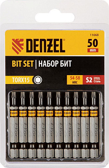 DENZEL Набор бит TORX 15х50, сталь S2, шестигранный профиль, 10 шт. 11668 Набор бит