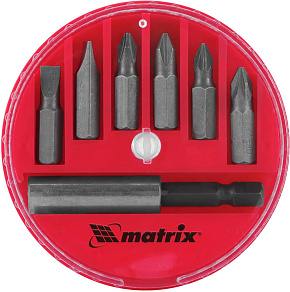 MATRIX Набор бит, магнитный адаптер для бит, сталь 45Х, 7 предм., в пласт. закрытом боксе//