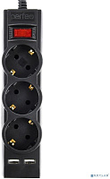 PERFEO (PF_E1639) "POWER-S", 1,8м, 3 розетки 10А, 2USB, 2500 Вт, двойная защита, черный Сетевой фильтр