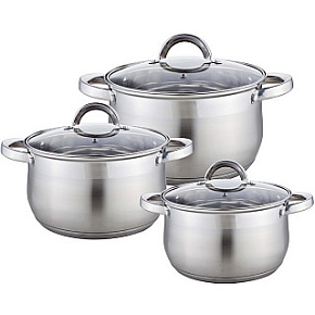 WEBBER BE-616/6 Набор посуды из нерж.стали 6 пр. 2,1л, 2,9л, 3,9л со стеклянными крышками Набор посуды