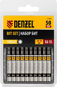 DENZEL Набор бит TORX 20х50, сталь S2, шестигранный профиль, 10 шт. 11669 Набор бит