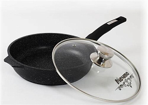 МЕЧТА С24802 Гранит black 24см несъемная ручка стеклянная крышка Сковорода