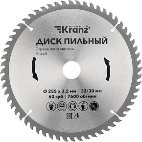 KRANZ (KR-92-0131) Диск пильный 255 мм х 60 зуб х 32/30 мм Диск пильный