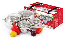 LARA LR02-87 APPLE 8 предметов (сотейник 2.1л, кастрюли: 2.1л, 3.7л, 6.1л) Набор из нержавеющей стали