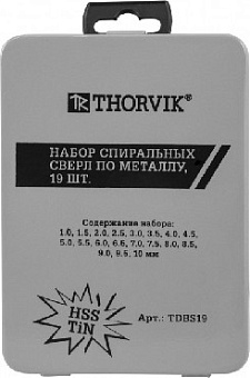 THORVIK TDBS19 Набор спиральных сверл по металлу HSS TiN в металлическом кейсе, d1.0-10.0 мм, 19 пред Набор сверл