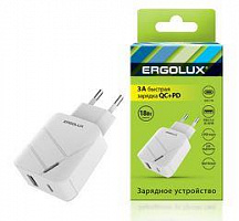ERGOLUX (15252) ELX-РA01QC-C01 (Сетевой адаптер 18Вт 1USB+1Type C, 100-220В, 5-9V/3А, QC, Белый, Коробка)