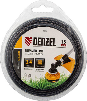 DENZEL Леска для триммера двухкомпонентная зубчатый квадрат, 2,4мм х 15м, блистер EXTRA CORD 96258 Леска для триммера