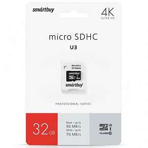 SMARTBUY (SB32GBSDCL10U3-01) MICRO SDHC 32GB CLASS10 PRO U3 R/W: 90/70 MB/S (с адаптером SD)