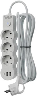 КОСМОС YKsm5m3g-Z-VU10A-W - 3 гн х 5,0 м белый Удлинитель
