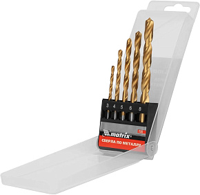 MATRIX Набор нитридтитановых сверл по металлу, 3-4-5-6-8 мм, HSS, 5 шт., пласт. кор. цил. хвост.//