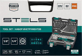 STELS Набор инструментов 1/2 , 1/4 , CrV, 12 гранные головки, пластиковый кейс, 82 предмета 14117 Набор инструментов