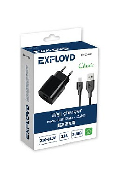 EXPLOYD EX-Z-464 Сетевое ЗУ microUSB 2.1А+1А 2хUSB Classic чёрный Сетевое ЗУ