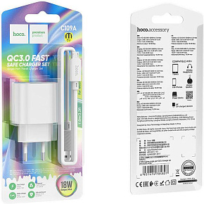 HOCO (6931474784827) C109Am White СЗУ 1USB 3.0A 18W+QC3.0 быстрая зарядка для micro USB СЗУ