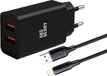 AKSBERRY (6900209210016) T38 2 USB 2.4A + кабель Lightning, черный СЗУ