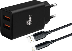 AKSBERRY (6900209210016) T38 2 USB 2.4A + кабель Lightning, черный СЗУ