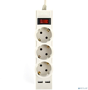 PERFEO (PF_E1640) "POWER-S", 3,0м, 3 розетки 10А, 2USB, 2500 Вт, двойная защита, серый Сетевой фильтр