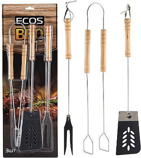 ECOS Набор для барбекю ND-1095D ( щипцы 39 см, вилка 39 см, лопатка 39 см, нерж. сталь, дерево) 999625 Набор для барбекю