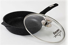 МЕЧТА С28802 Гранит black 28см несъемная ручка стеклянная крышка Сковорода