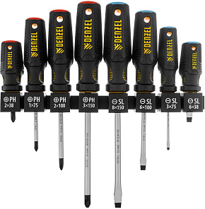 DENZEL Набор отверток на полке, 8 шт., PH+SL, S2, 3к рукоятка 122137 Набор отверток DENZEL Набор отверток на полке, 8 шт., PH+SL, S2, 3к рукоятка 1221