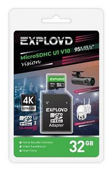 EXPLOYD MicroSDHC 32GB Class 10 (U1) V10 Vision + адаптер SD (95 MB/s) [EX32GCSDHC10-U1-V10] Карта памяти