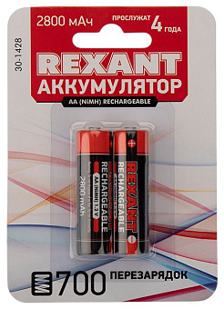 REXANT (30-1428) АККУМУЛЯТОР ТИП AA ПАЛЬЧИКОВЫЙ 1.2 В 2800 МАЧ Аккумуляторы и зарядные устройства