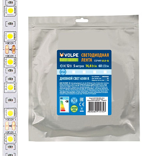 VOLPE (UL-00004353) ULS-Q221 5050-60LED/m-10mm-IP20-DC12V-14,4W/m-5M-3000K катушка в герметичной упаковке ЭЛЕКТРИКА