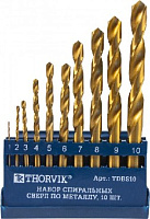 THORVIK TDBS10 Набор спиральных сверл по металлу HSS TiN в пластиковом кейсе, d1.0-10.0 мм, 10 пред Набор сверл