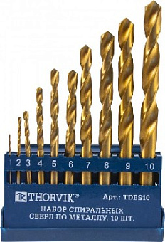 THORVIK TDBS10 Набор спиральных сверл по металлу HSS TiN в пластиковом кейсе, d1.0-10.0 мм, 10 пред Набор сверл