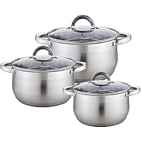 WEBBER BE-616/6 Набор посуды из нерж.стали 6 пр. 2,1л, 2,9л, 3,9л со стеклянными крышками Набор посуды