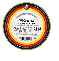 KRANZ (KR-09-2107) ИЗОЛЕНТА ПВХ 0.13Х15 ММ, 25 М, ЖЕЛТО-ЗЕЛЕНАЯ Изоляционная лента