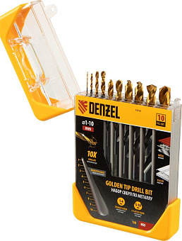 DENZEL Набор сверл по металлу, 1-10 мм, HSS-Tin, Golden Tip, 10 шт 72316 Набор сверл