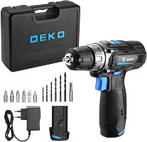 DEKO DKCD12V PRO в кейсе + оснастка 13 шт, 12В, 2х2.0Ач 083-1007 Аккумуляторная дрель-шуруповерт