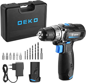 DEKO DKCD12V PRO в кейсе + оснастка 13 шт, 12В, 2х2.0Ач 083-1007 Аккумуляторная дрель-шуруповерт