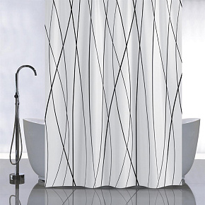 САНАКС 01-96 Штора с рисунком, ЧЕРНЫЕ ЛИНИИ на БЕЛОМ ФОНЕ, в ванную комнату, без колец, полиэстер180 х180 см Штора для ванной