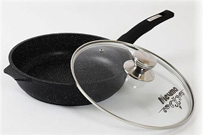 МЕЧТА С26802 Гранит black 26см несъемная ручка стеклянная крышка Сковорода