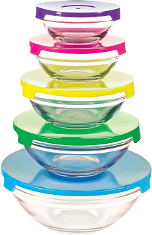 MALLONY Набор из 5 стеклянных мисок с крышками INSALATO (150/210/360/510/920мл) (007177)