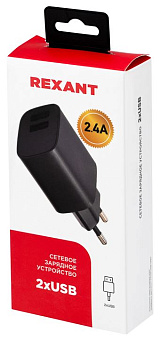 REXANT (16-0283) Сетевое зарядное устройство REXANT 2 x USB, 5V, 2.4 A, черное СЗУ