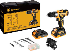 DEKO DKCD20V в кейсе + набор 63 инструмента для дома, 20В, 2х3.0Ач 080-1009 Аккумуляторная дрель-шуруповерт